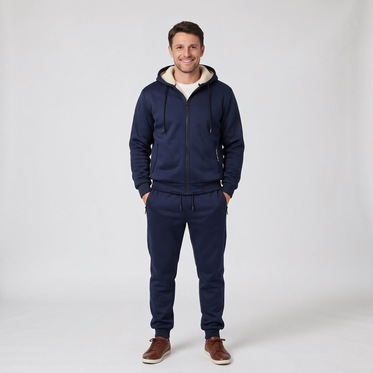Navy teddy lined hooded zip jacket and joggers tracksuit set