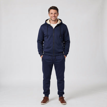 Navy teddy lined hooded zip jacket and joggers tracksuit set