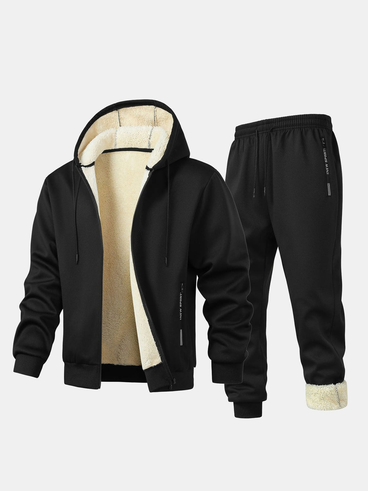 Black teddy lined hooded zip jacket and joggers tracksuit set