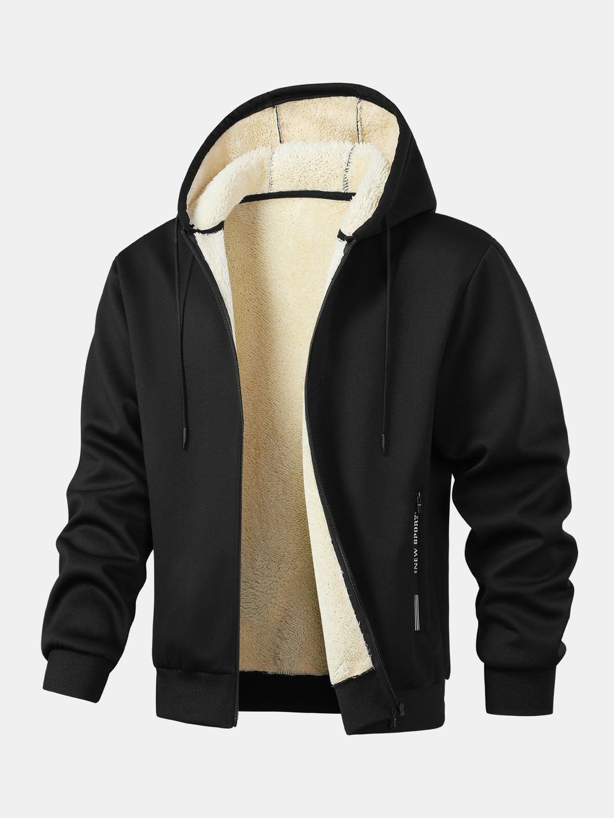 Black teddy lined hooded zip jacket, front