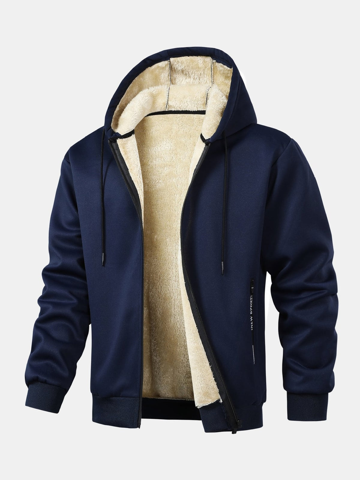Navy teddy lined hooded zip jacket, front