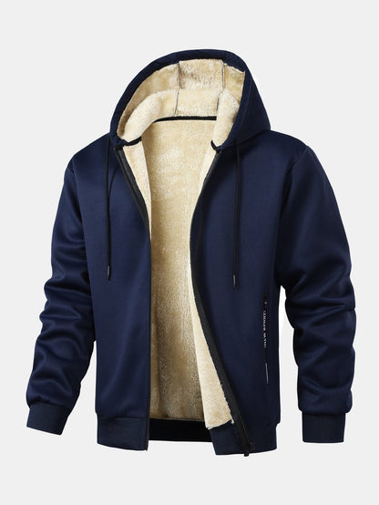 Navy teddy lined hooded zip jacket, front
