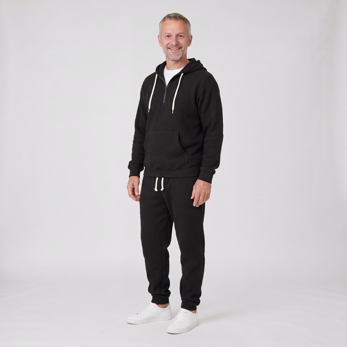 Black waffle knit half zip hoodie and joggers set