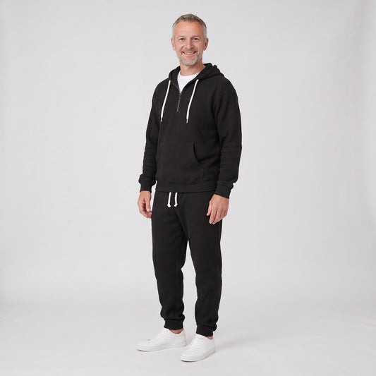 Black waffle knit half zip hoodie and joggers set