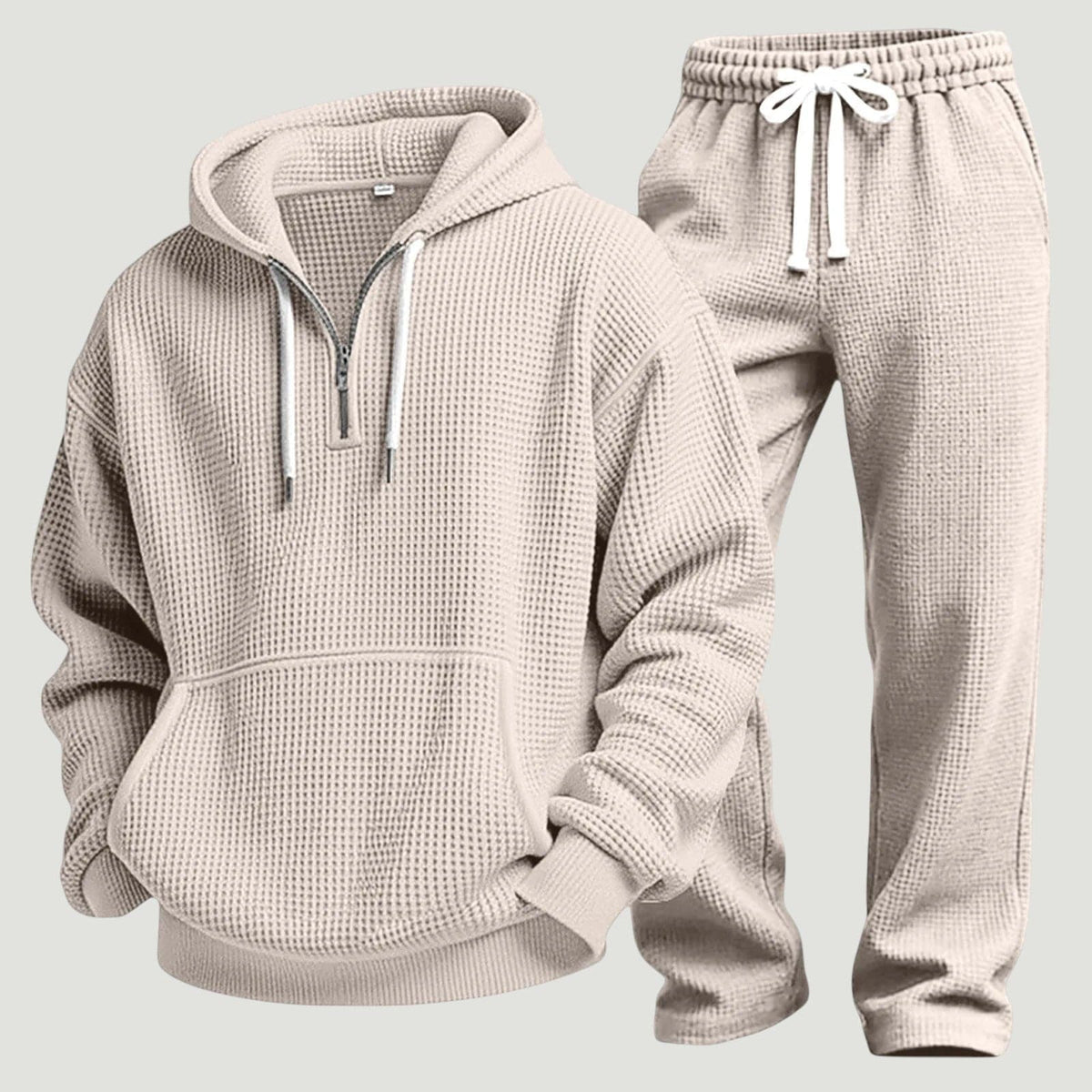 Beige waffle knit half zip hoodie and joggers set