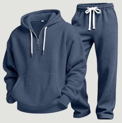 Navy waffle knit half zip hoodie and joggers set
