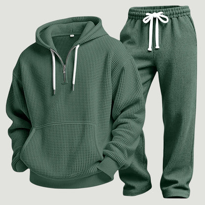 Green waffle knit half zip hoodie and joggers set