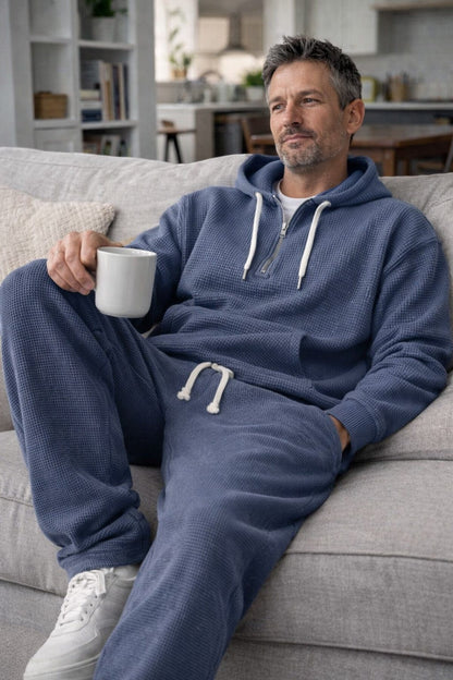 Blue half zip hoodie and joggers worn on a sofa
