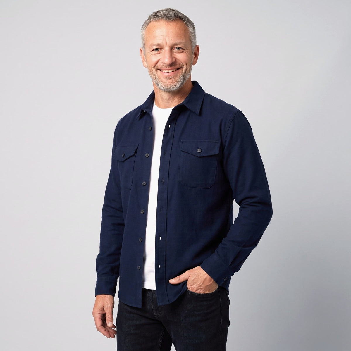 Men Overshirt Slim Fit Brushed Cotton-Look Button Front 1