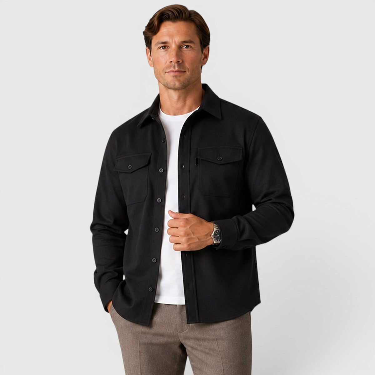 Men Overshirt Slim Fit Brushed Cotton-Look Button Front 5