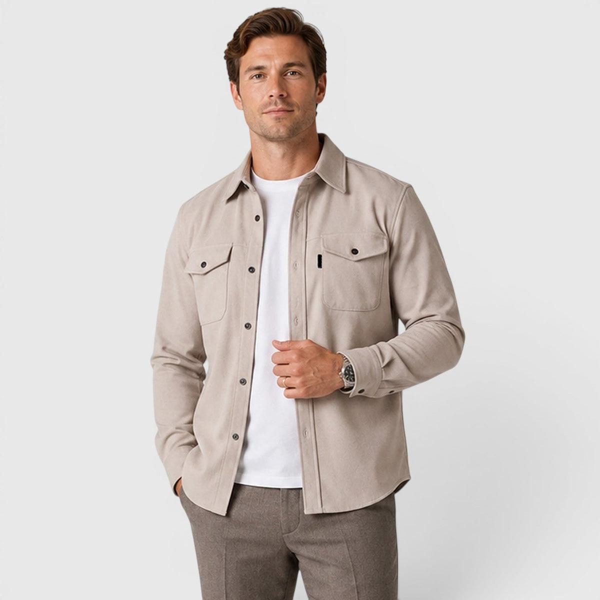 Men Overshirt Slim Fit Brushed Cotton-Look Button Front 7