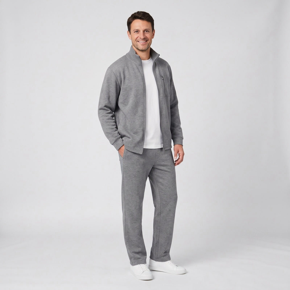 Grey zip jacket and straight leg trousers set