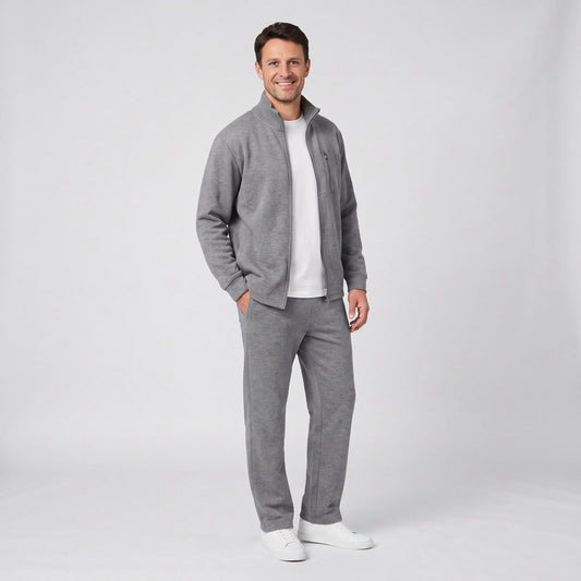Grey zip jacket and straight leg trousers set