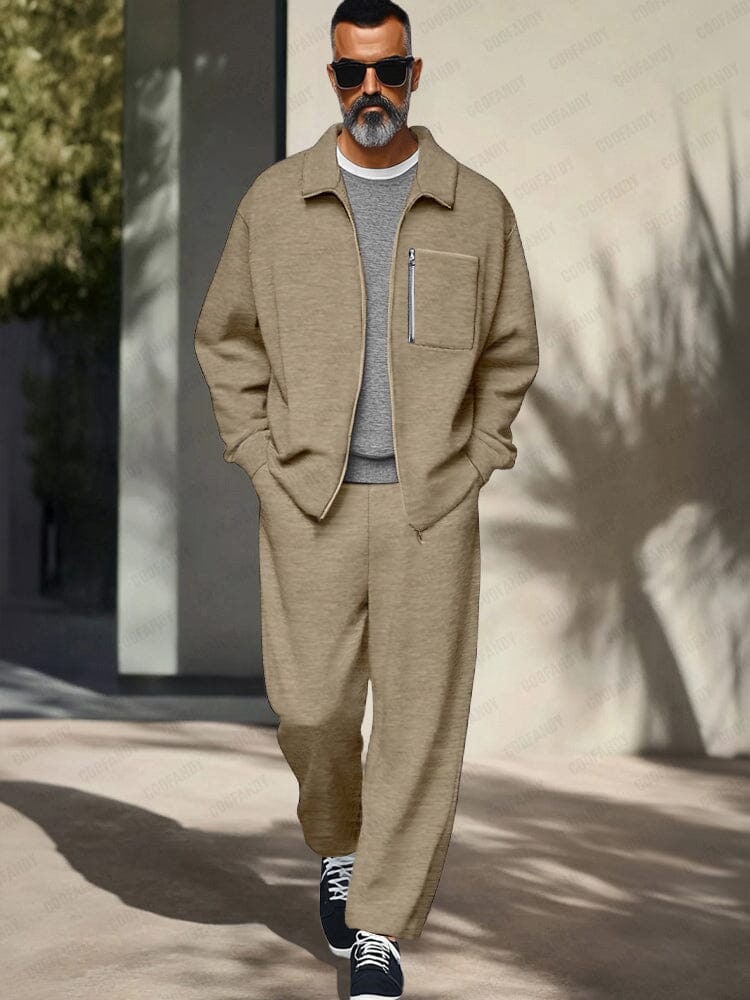 Khaki zip jacket and trousers set