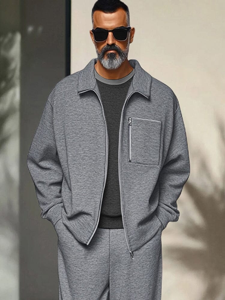 Grey full zip jacket with chest pocket, close up
