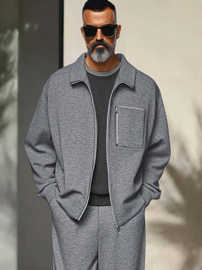 Grey full zip jacket with chest pocket, close up