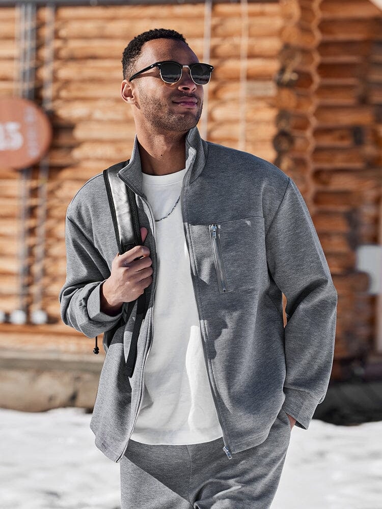 Grey mock neck jacket with zip chest pocket