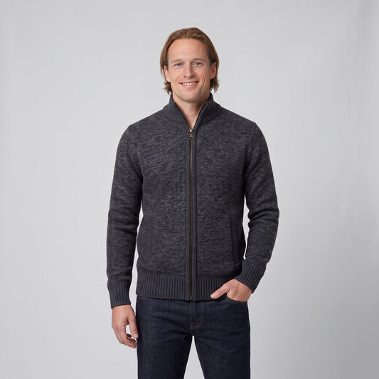 Man wearing the merino blend full zip cardigan with stand collar