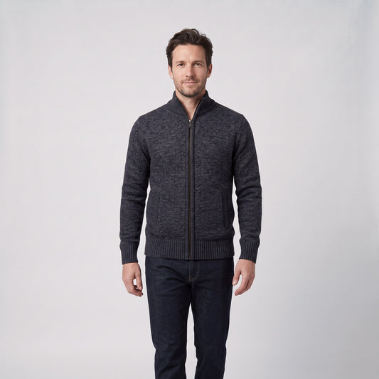 Merino Blend Full Zip Cardigan, Knit Zip Sweater with Stand Collar