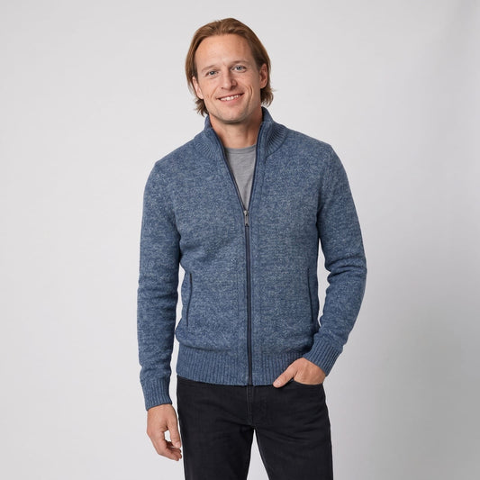 Blue merino full zip stand collar sweater