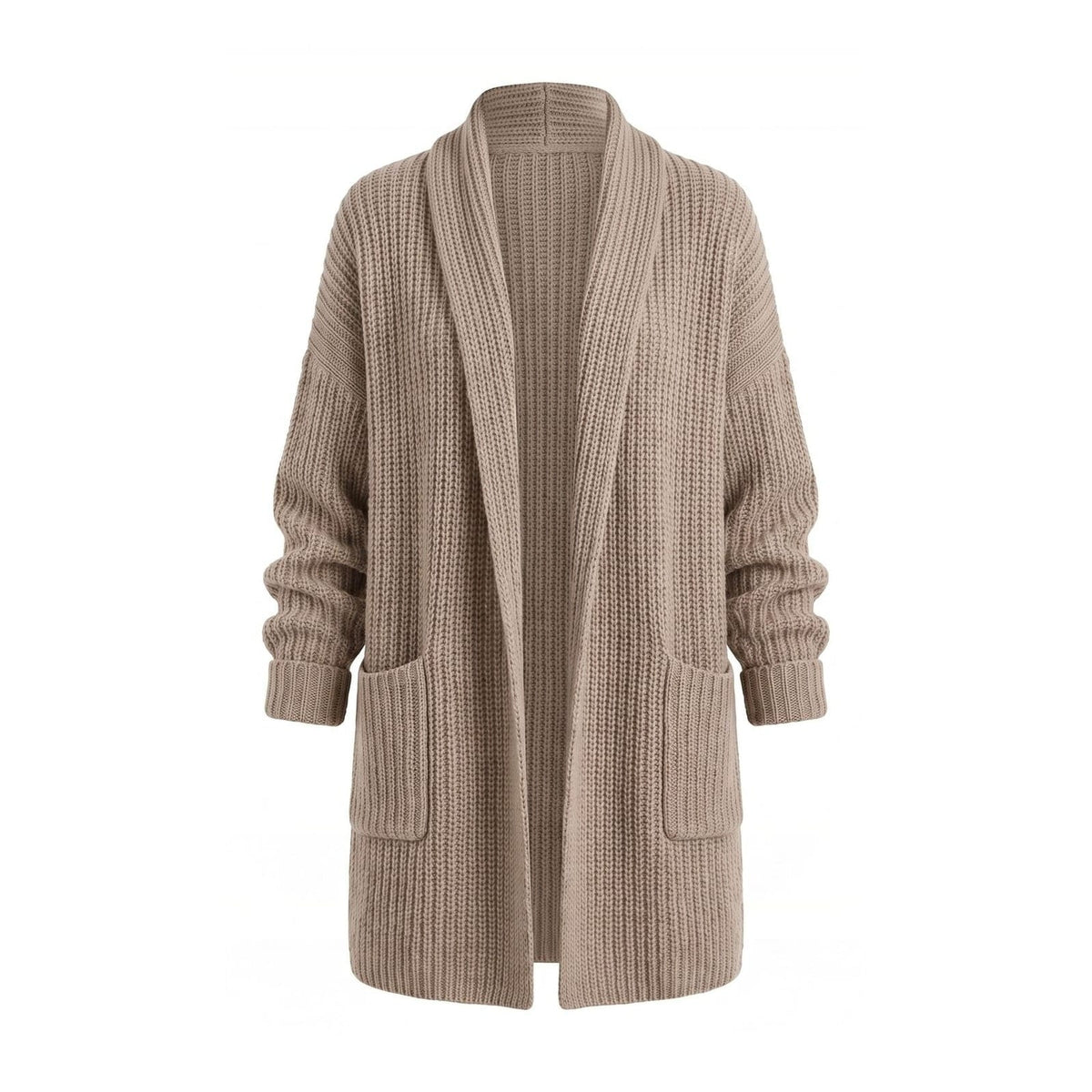 Taupe open front longline cardigan with shawl collar and front patch pockets