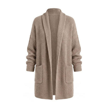 Taupe open front longline cardigan with shawl collar and front patch pockets