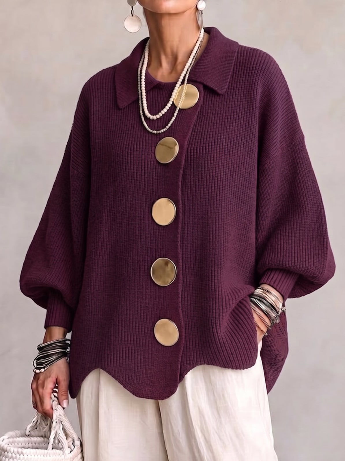 Oversized Cardigan with Lantern Sleeves & Gold Buttons 2