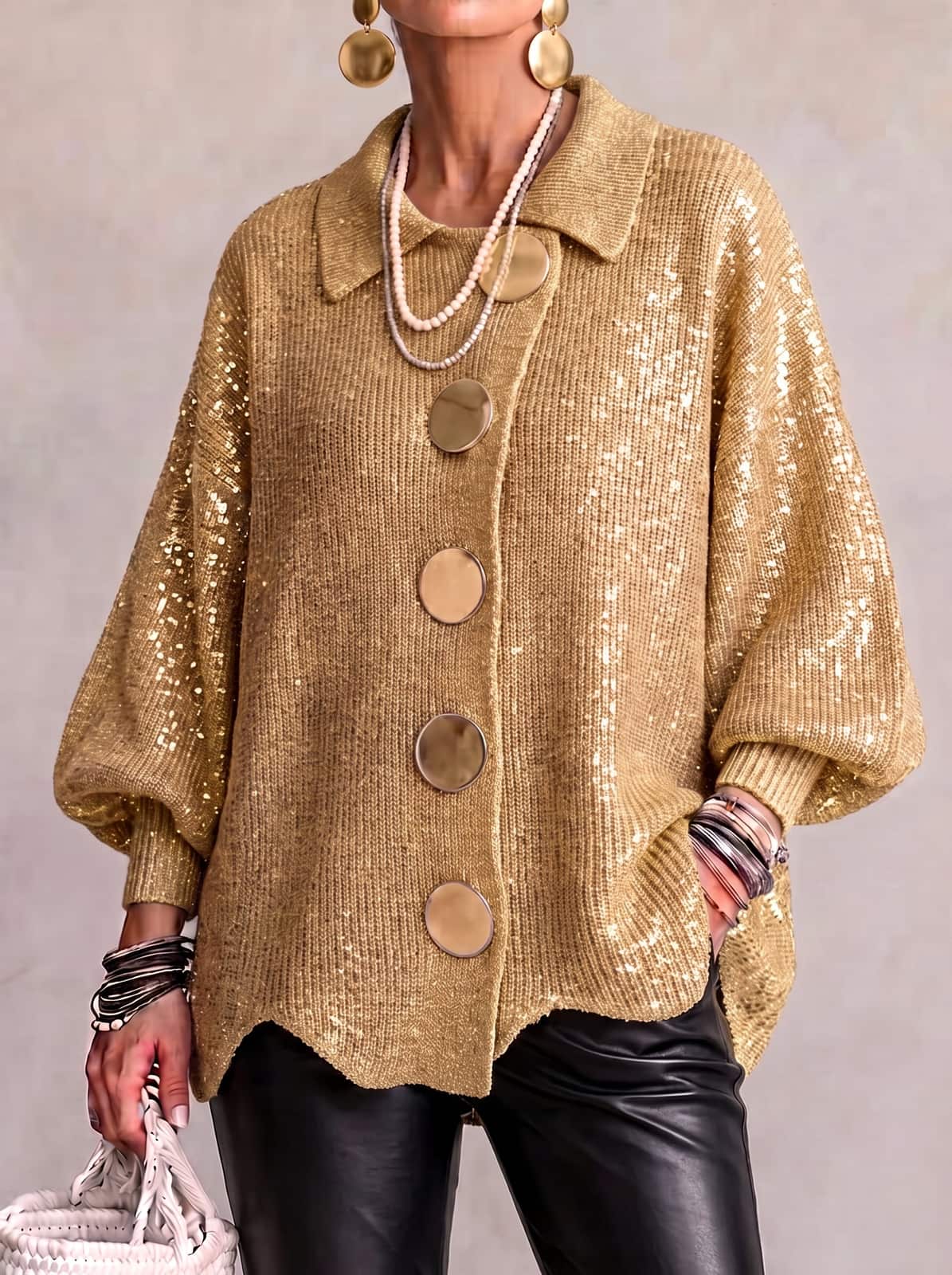 Oversized Cardigan with Lantern Sleeves & Gold Buttons 3