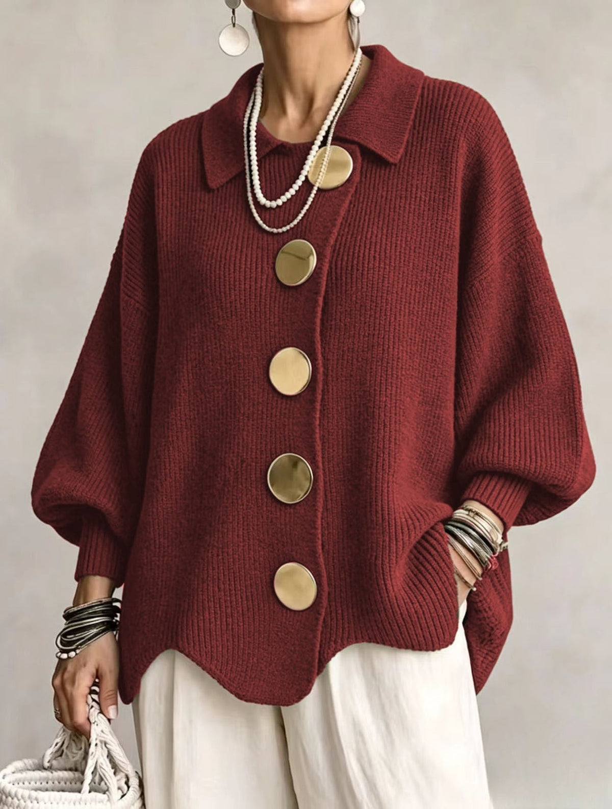 Oversized Cardigan with Lantern Sleeves & Gold Buttons 5