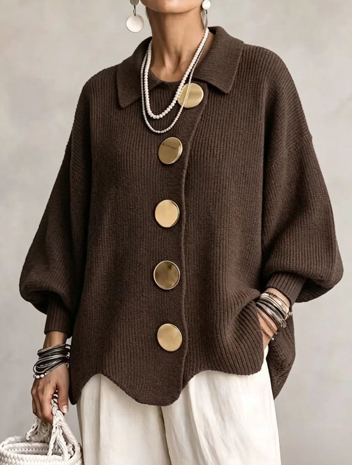 Oversized Cardigan with Lantern Sleeves & Gold Buttons 7