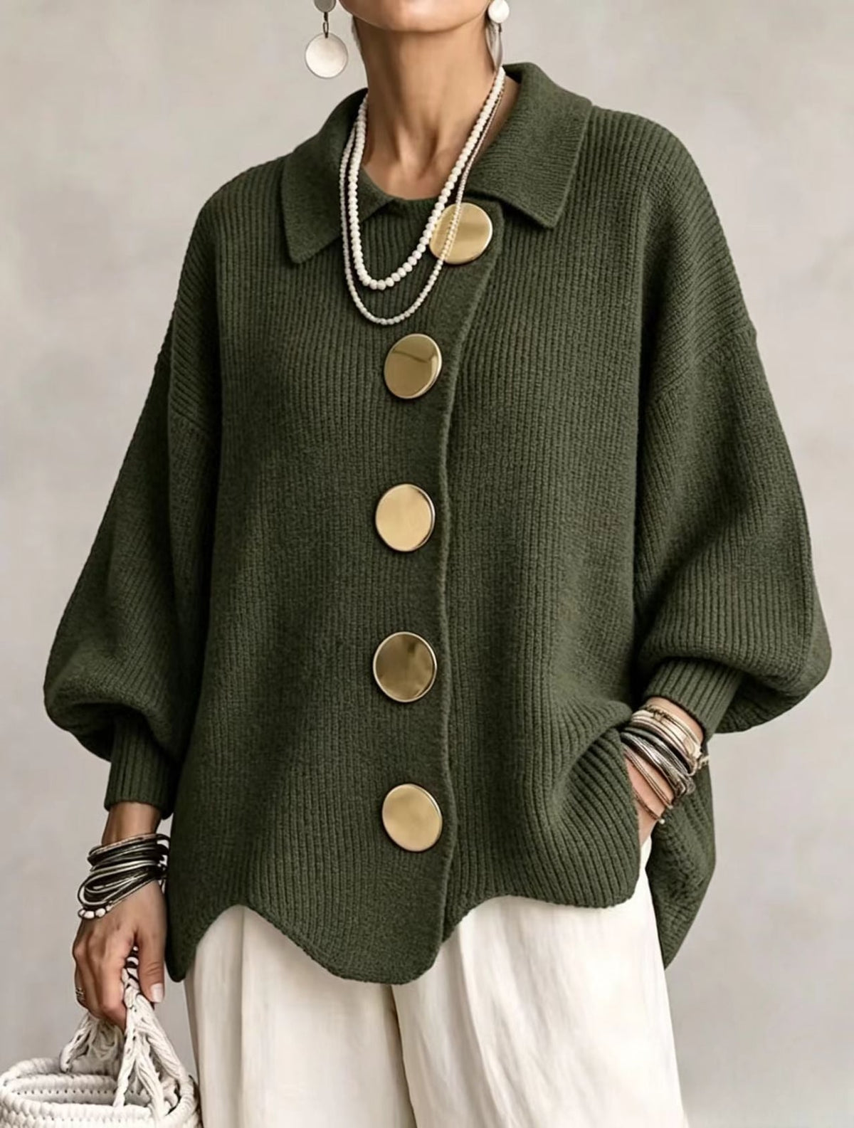 Oversized Cardigan with Lantern Sleeves & Gold Buttons 8