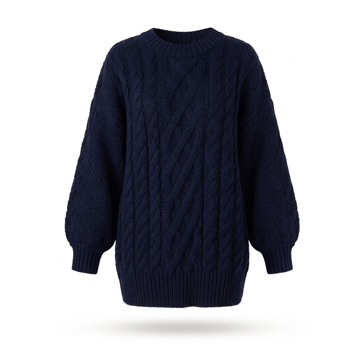 Oversized chunky cable knit jumper dress in navy with round neck and balloon sleeves