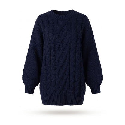 Oversized chunky cable knit jumper dress in navy with round neck and balloon sleeves