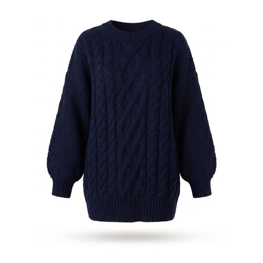 Oversized chunky cable knit jumper dress in navy with round neck and balloon sleeves