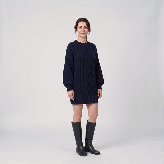 Long Sleeve Oversized Chunky Cable Knit Jumper Dress with Balloon Sleeves