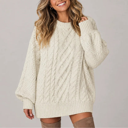Cream oversized cable knit jumper dress, front view