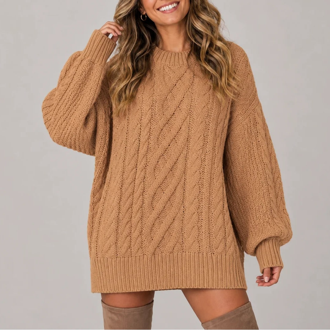 Camel oversized cable knit jumper dress