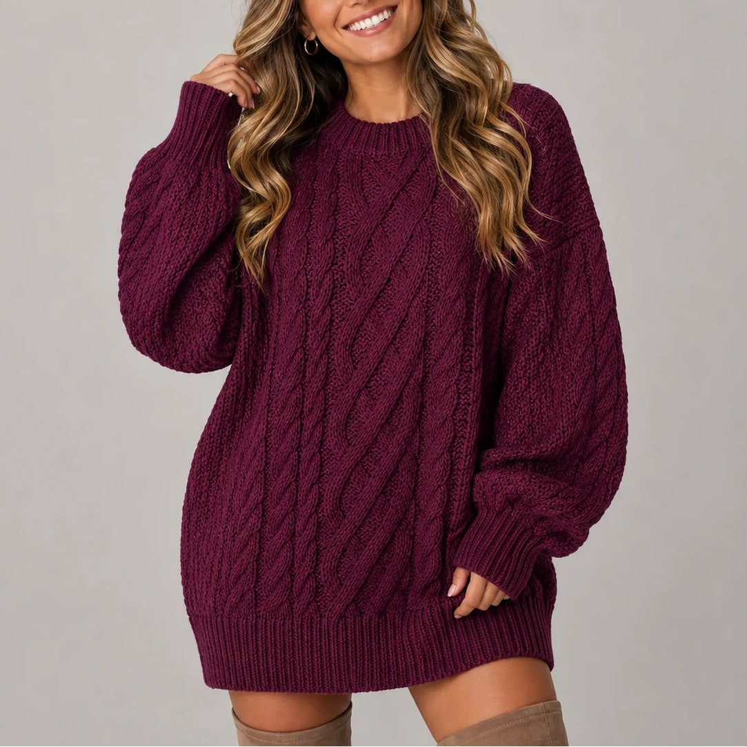 Burgundy oversized cable knit jumper dress