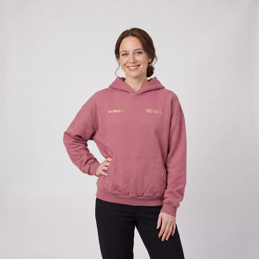 Woman wearing the oversized hoodie with back print and kangaroo pocket