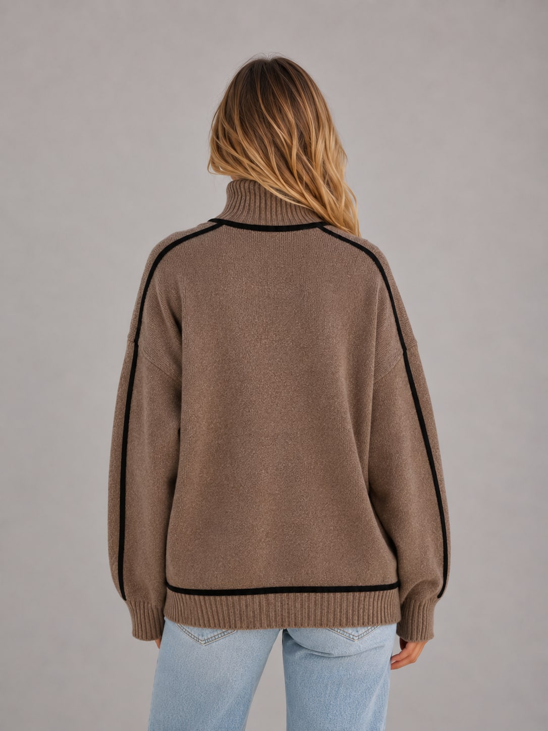Oversized Roll Neck Jumper Women's Knit Contrast Trim 3