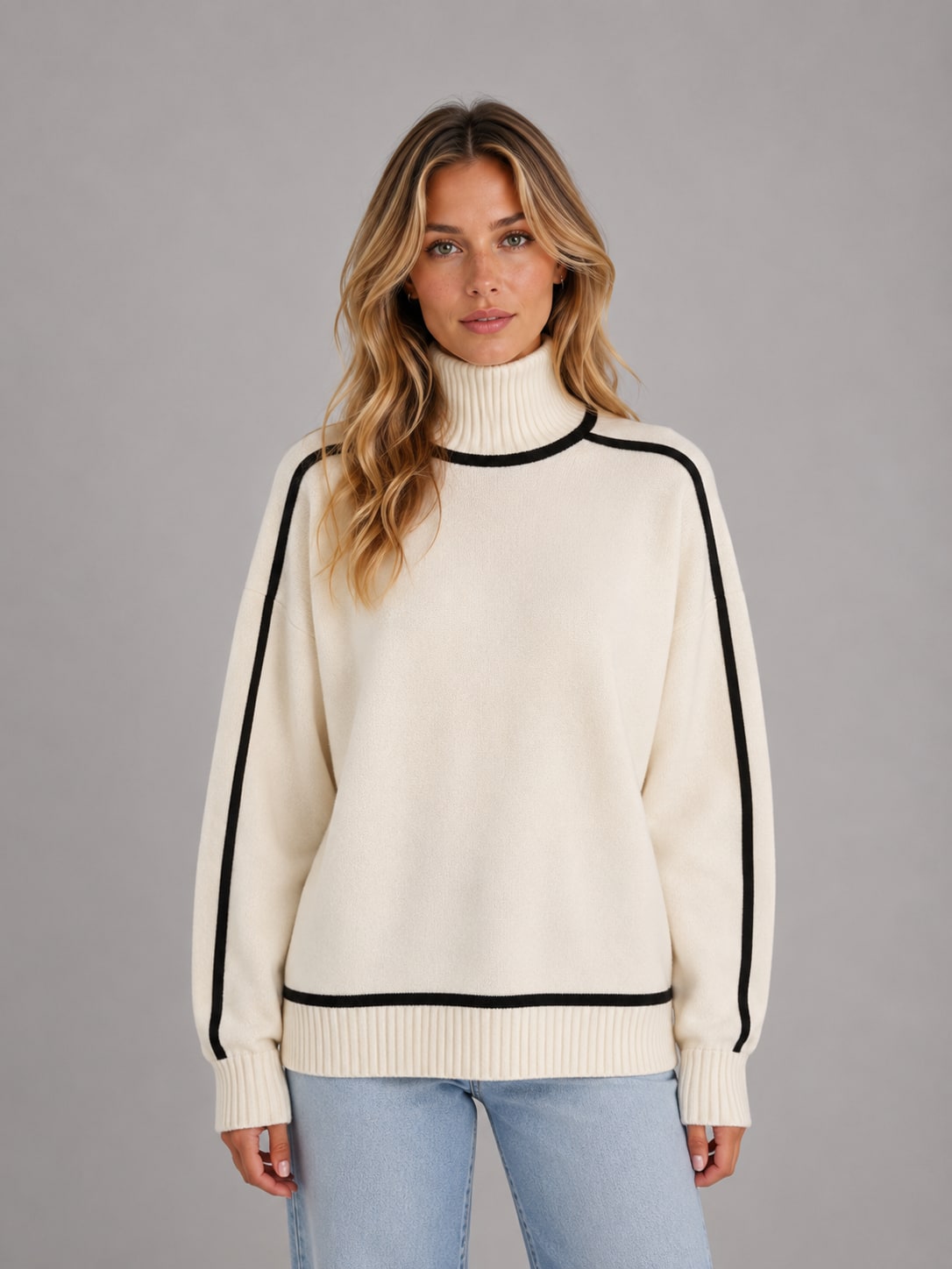 Oversized Roll Neck Jumper Women's Knit Contrast Trim 4