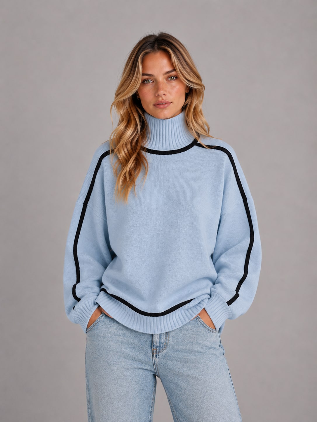 Oversized Roll Neck Jumper Women's Knit Contrast Trim 6