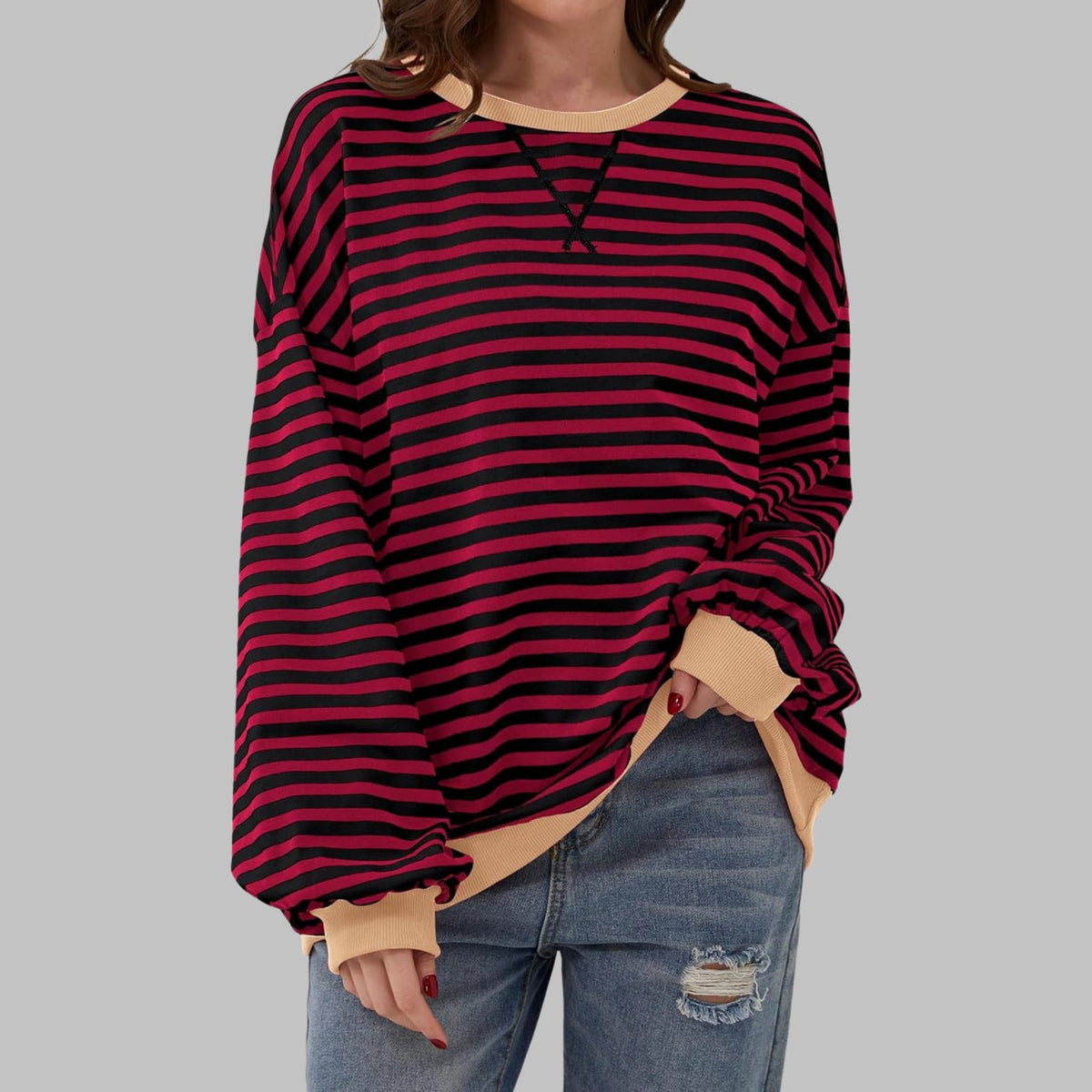 Burgundy striped oversized sweater with beige trim