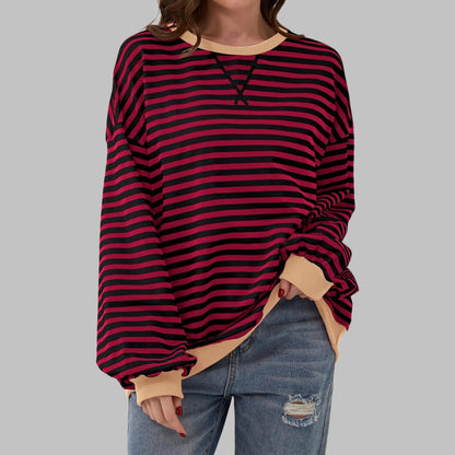 Burgundy striped oversized sweater with beige trim