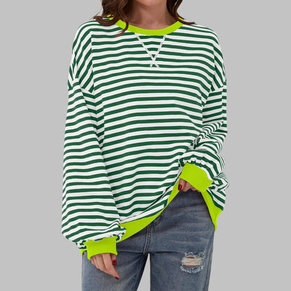 Dark green striped oversized sweater with lime trim