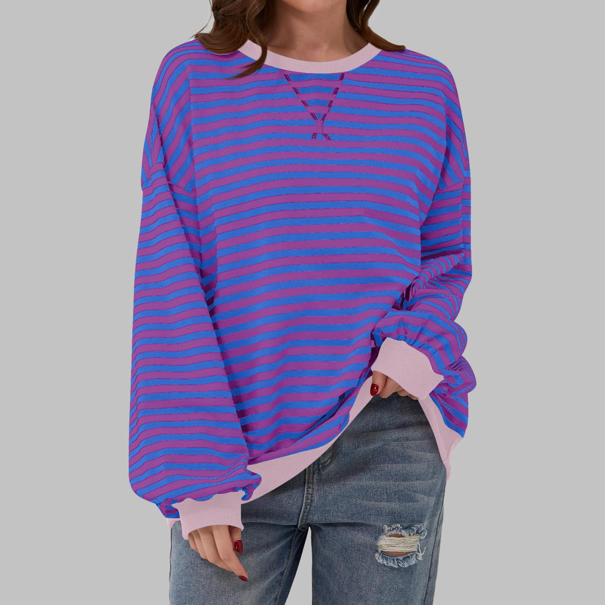 Purple striped oversized sweater with pink trim