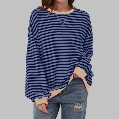 Navy striped oversized sweater with beige trim