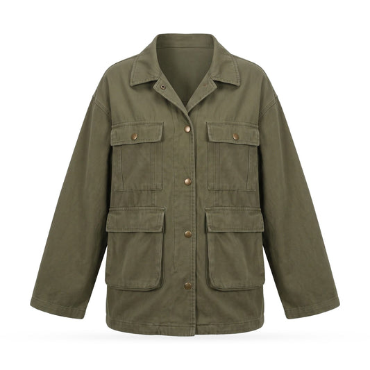 Oversized Utility Field Jacket with Military Patch Pockets 1