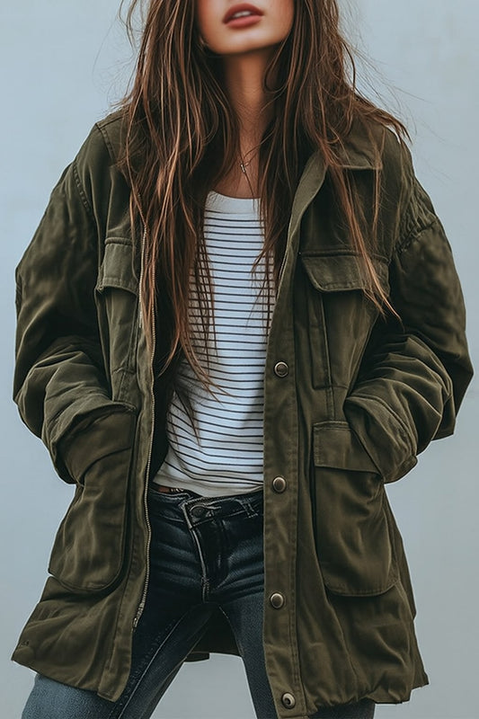 Oversized Utility Field Jacket with Military Patch Pockets 2