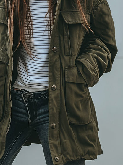Oversized Utility Field Jacket with Military Patch Pockets 4